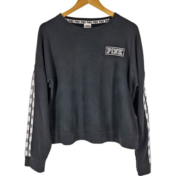 VS PINK VICTORIA'S SECRET BLACK PULLOVER SWEATSHIRT STRIPED SLEEVES SIZE MEDIUM - Picture 1 of 10